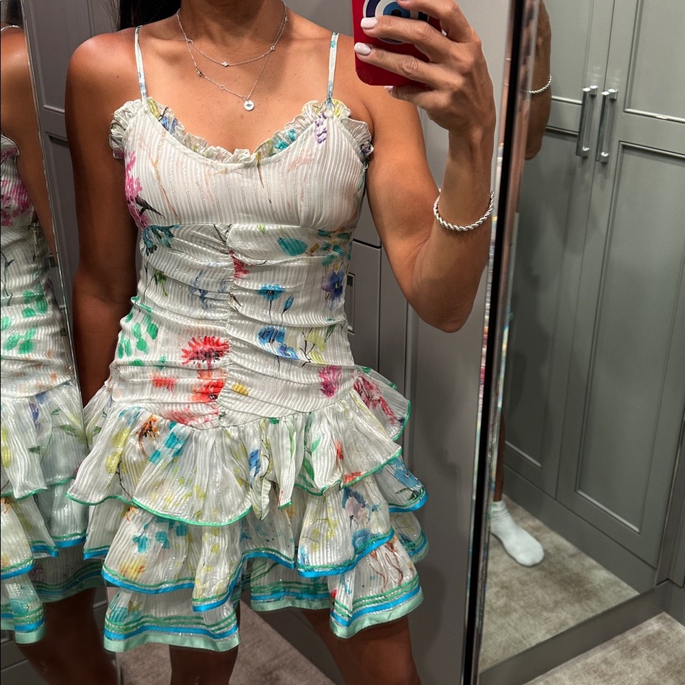 Rococo Sand Floral Ruffle Dress with Spaghetti Straps